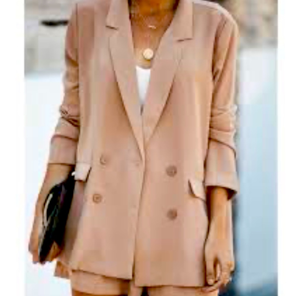 Silky soft butting down open front beige tan oversized blazer